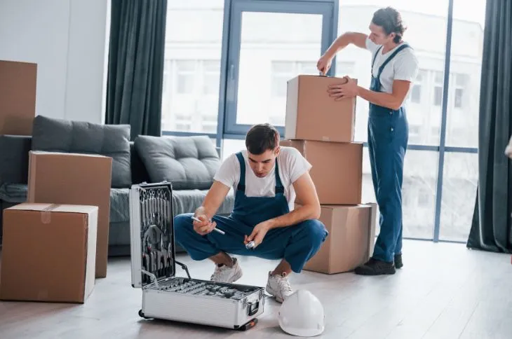 Movers assembling sofa of customer Movers assembling sofa of customer